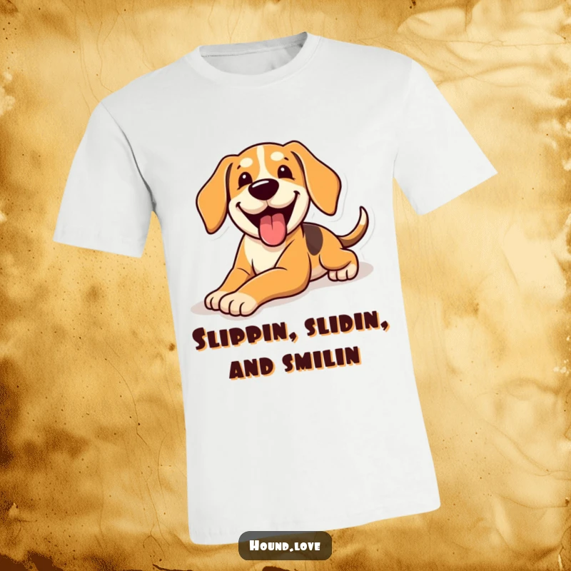 Funny T-Shirt with a joyful hound dog caught in a hilarious slide across a smooth surface, panting with delight.