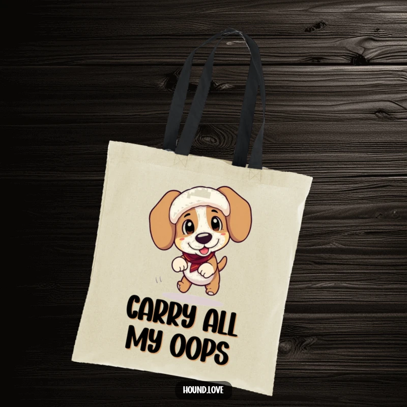 Funny tote bag showcasing a playful hound character hilariously tripping while wearing large, floppy ear muffs, great for everyday humor.