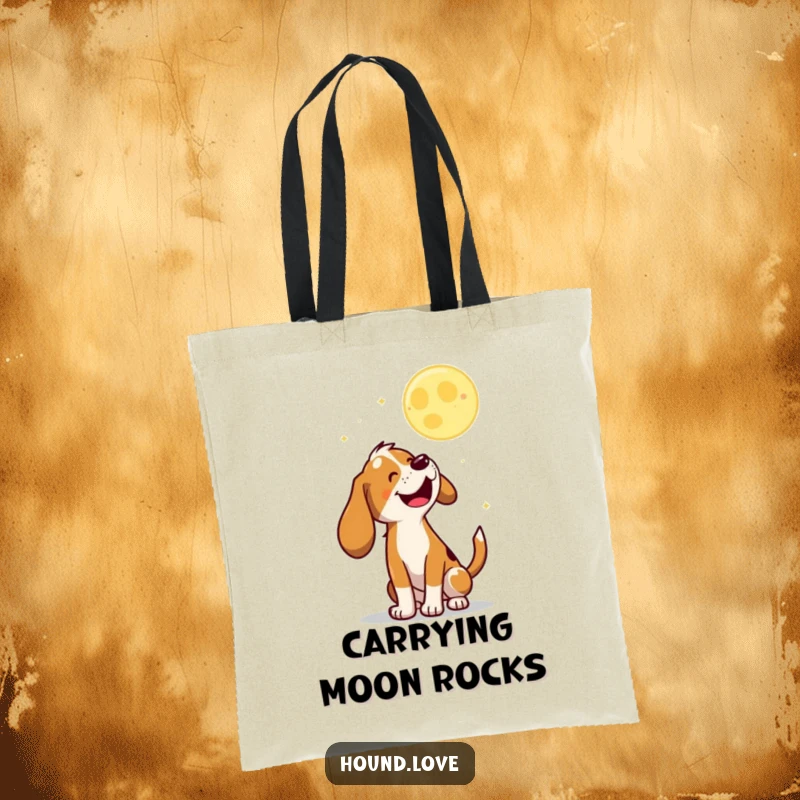 Funny Tote Bag with a joyful hound character baying at a playful, bouncing moon, perfect for errands.