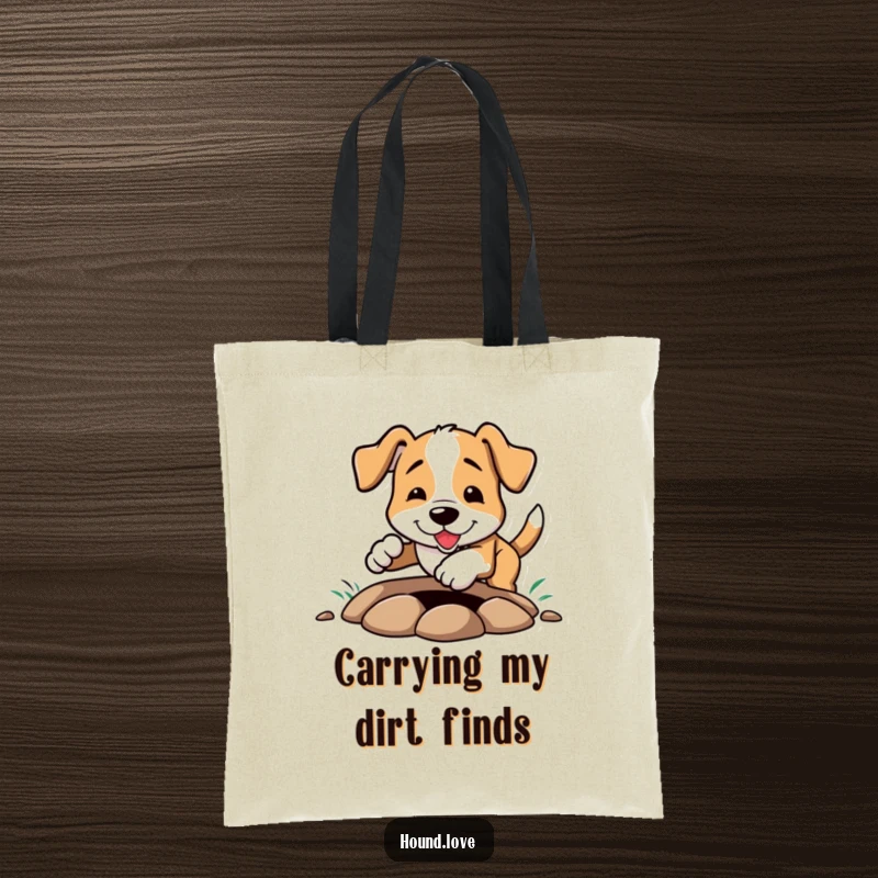 Funny Tote Bag: A happy hound character passionately digging a hole, dirt flying everywhere, a comical scene of canine excavation.