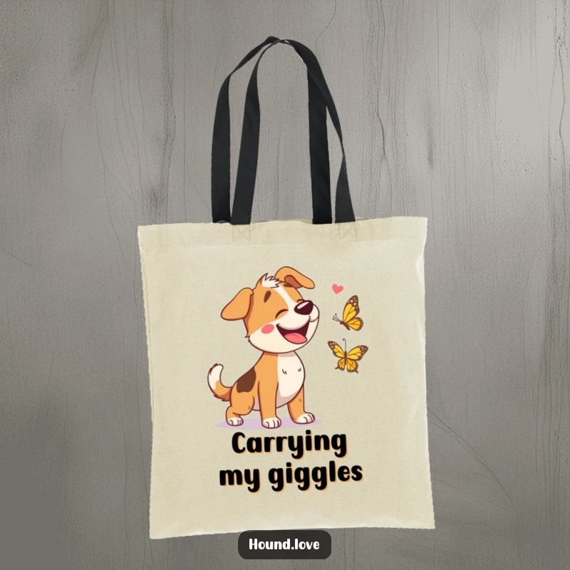 Funny tote bag illustration of a happy, giggling hound dog leaping with joy while chasing a delicate butterfly in a field.