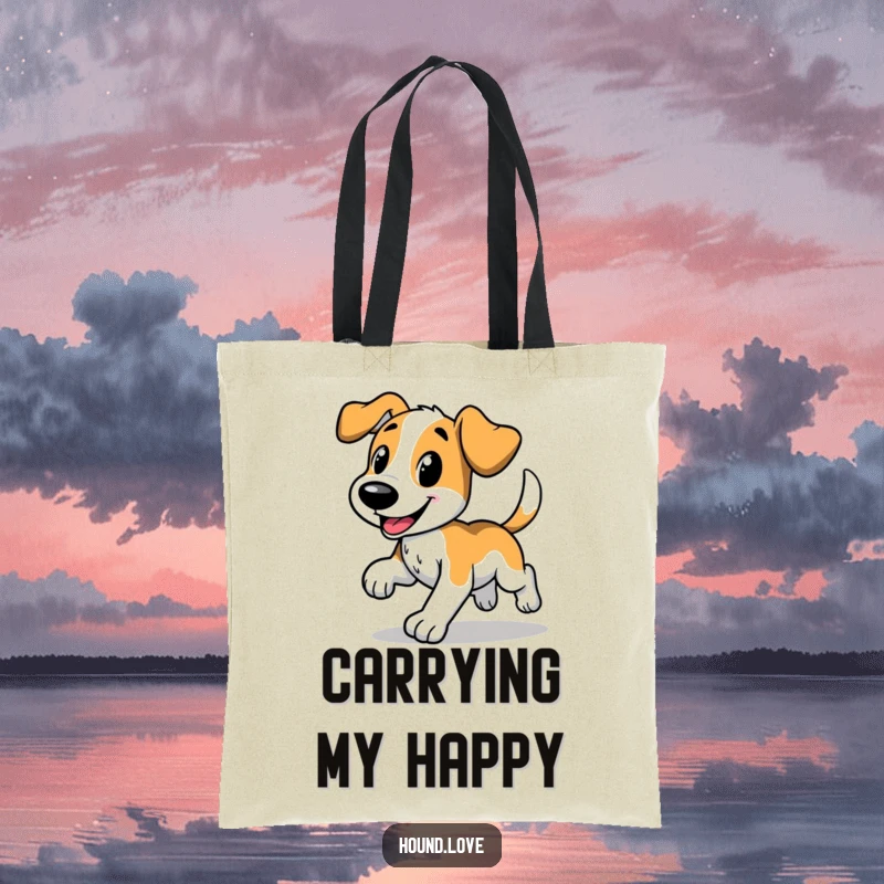 Funny tote bag featuring a happy hound dog doing a comical trot, tail wagging, perfect for shopping and dog-themed humor lovers.