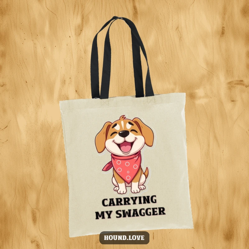 Funny hound tote bag showing a delighted dog character winking while wearing an oversized, silly bandana, ideal for humorous carrying.