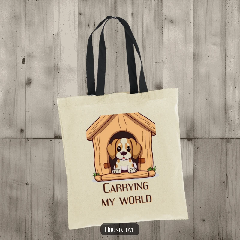 Funny Tote Bag: Hound character peeks curiously from a huge dog house, perfect for carrying essentials.