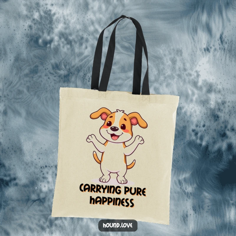 Durable tote bag adorned with a funny hound dog performing an ecstatic wiggle dance, perfect for cheerful errands.