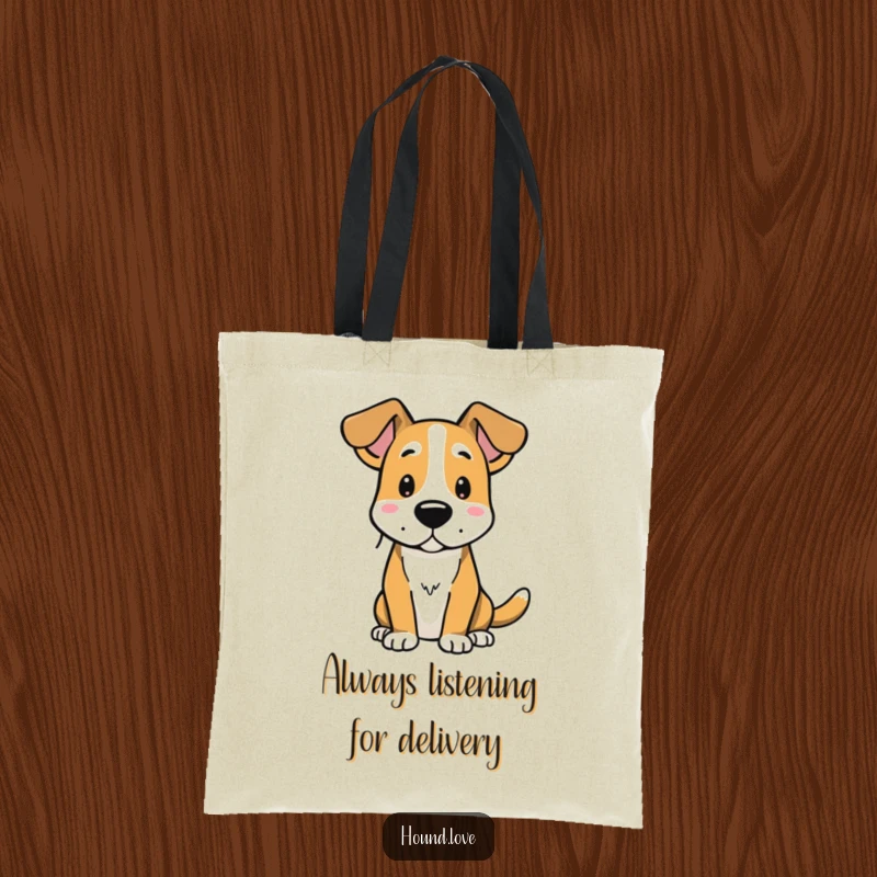 Funny tote bag featuring a hound dog with alert ears, designed for carrying items and spreading laughter.