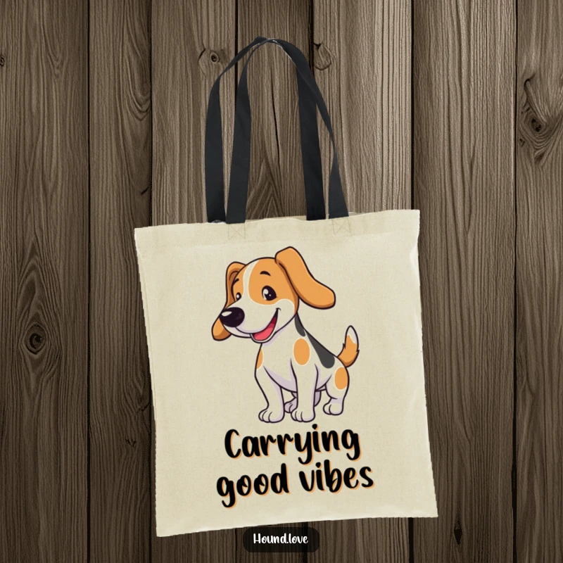 Funny hound dog tote bag showing a dog happily wagging its tail. A humorous and practical gift for dog owners.