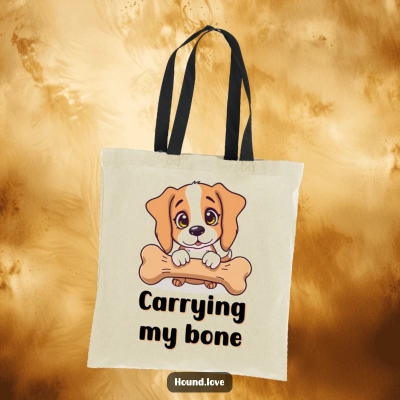 Funny Tote Bag: A hound dog with innocent eyes playfully nudging an enormous bone, highlighting a funny obsession.