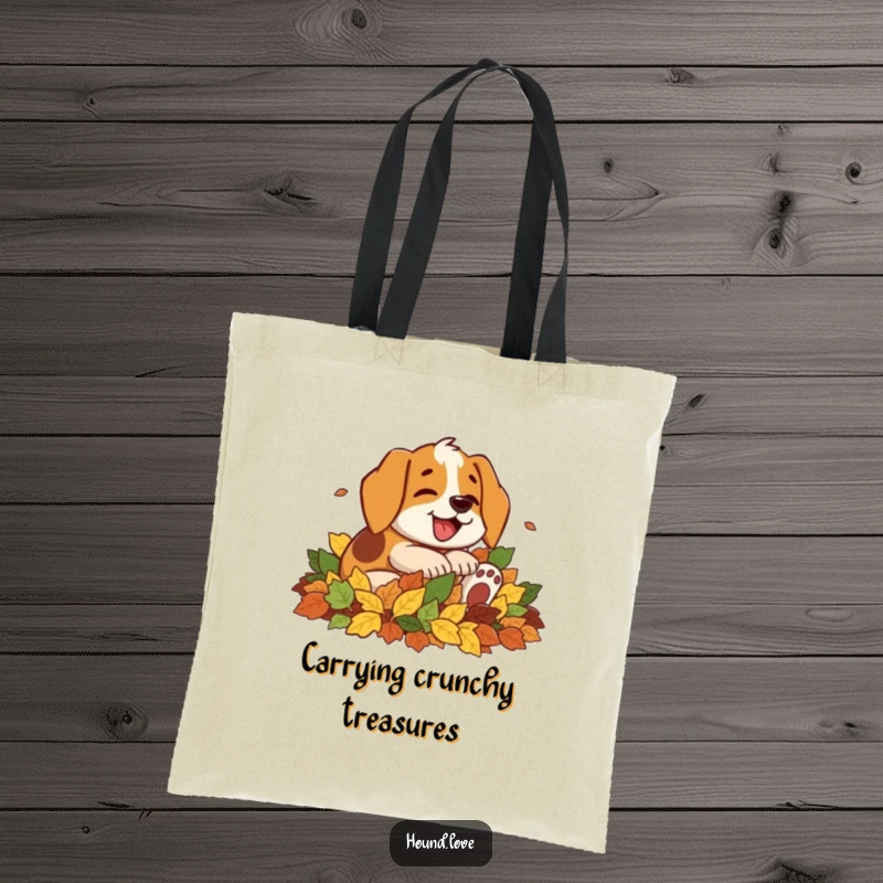 Funny tote bag showcasing a happy hound dog character gleefully rolling and barking in a large pile of vibrant autumn leaves.