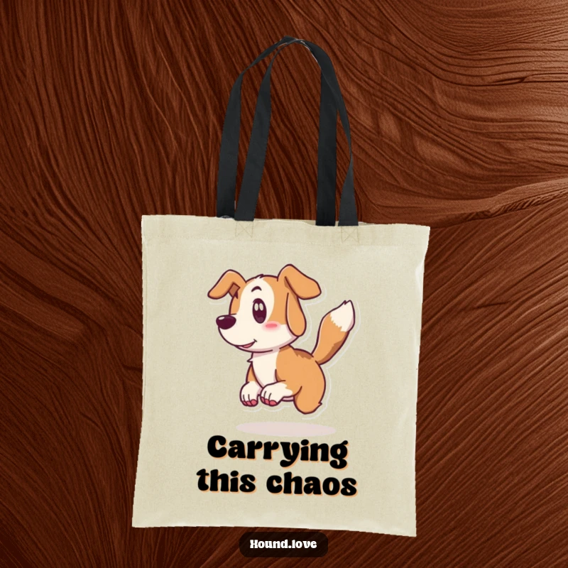 Funny hound tote bag featuring a surprised dog character leaping back from its wagging tail, ideal for carrying humorously.
