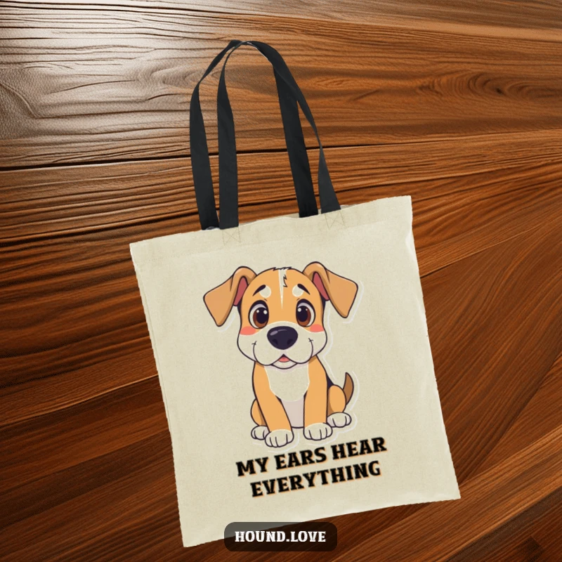 Funny Hound Tote Bag: Curious hound listening intently, a humorous and practical accessory for the observant.