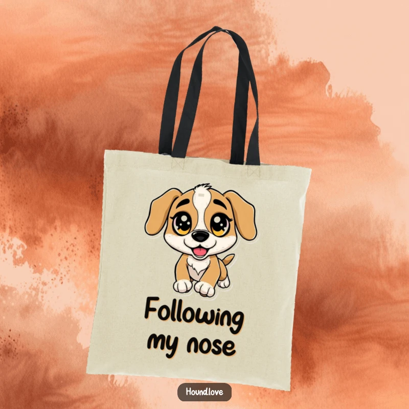 Funny Tote Bag: A hound dog with oversized, sparkling eyes leaps excitedly towards a scent, ready to go.