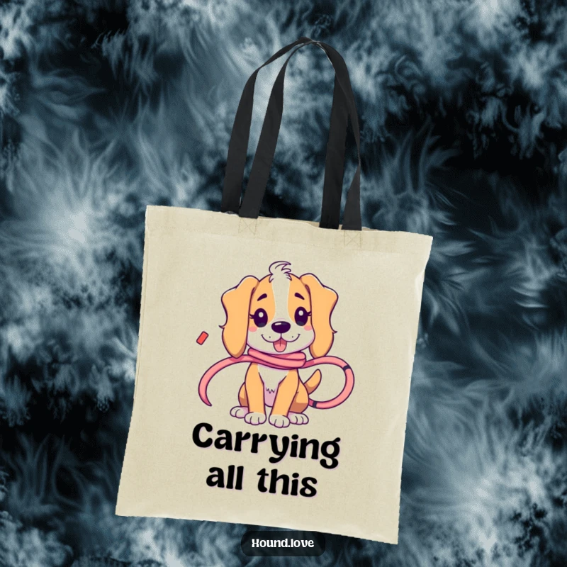 Funny hound character playfully entangled in a flowing ribbon, creating a humorous and charming design on this tote bag.
