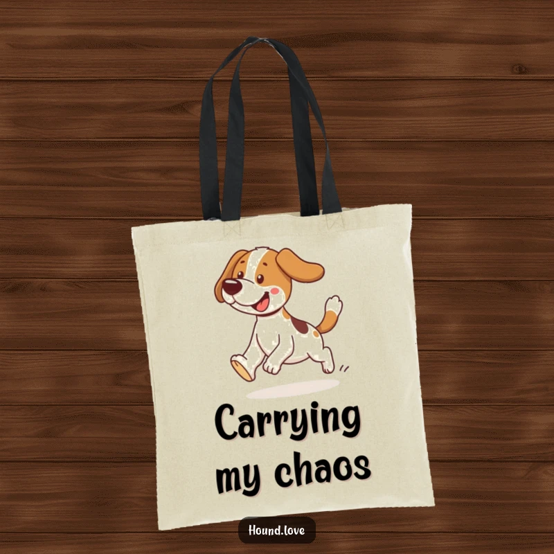 Funny tripping hound tote bag showing a dog hilariously tripping while chasing its tail. A humorous and practical gift.
