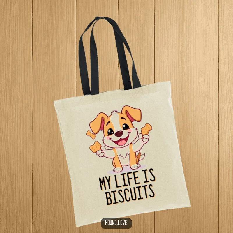 Funny tote bag design of a happy dog juggling oversized biscuits, showcasing a playful and humorous spirit.